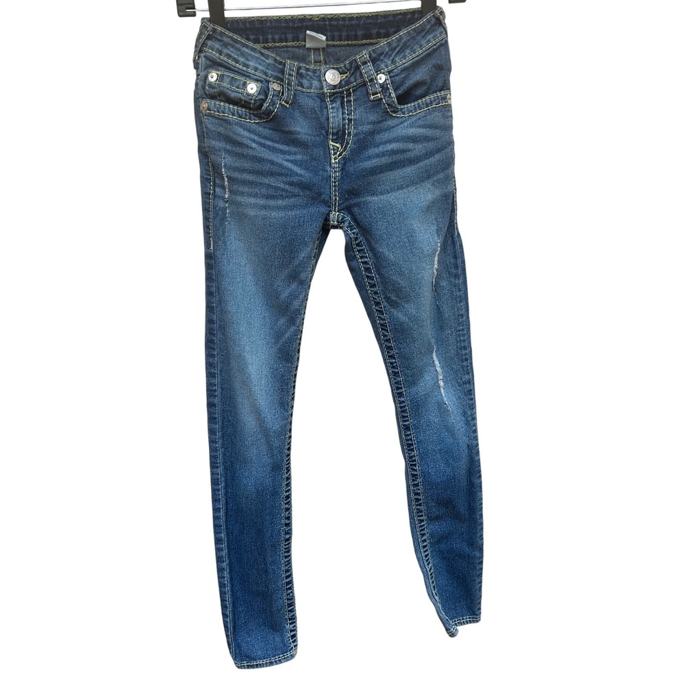 True Religion Girls Skinny Jeans Blue‎ Big T Stitch Flap Pocket Size 12
